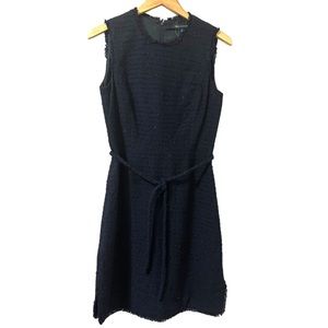 Brooks Brothers Career Dress Sz 8 Navy Blue Tweed Sheath Belted Sleeveless Lined